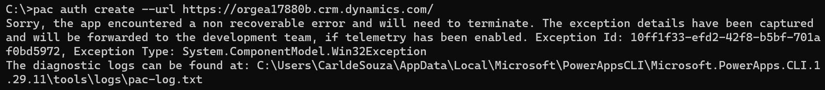 Troubleshooting Power Platform Tools pac cli exception