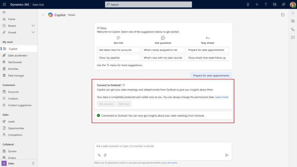Leveraging Copilot in Dynamics 365 Sales to prepare for sales meeting