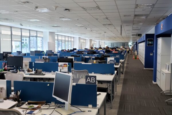 white and blue office rolling chairs
